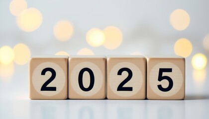 Wooden blocks forming the year 2025 with a soft bokeh background.