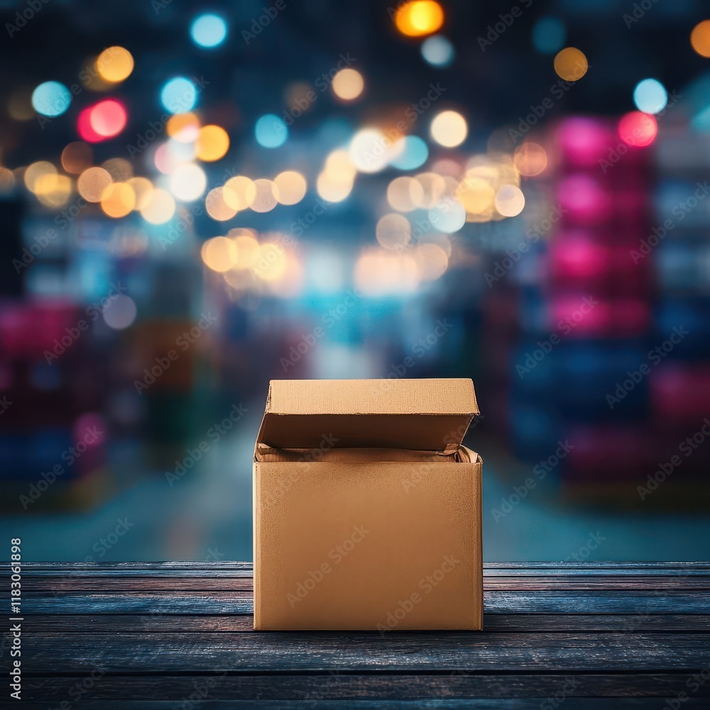 Aufkleber A cozy cardboard box resting on a rustic wooden table illuminated by warm glowing lights creating a charming and inviting atmosphere at home