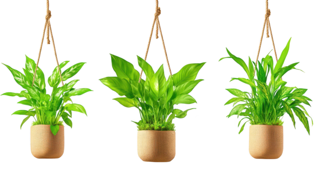 Hanging planters with lush green plants, a touch of natural elegance 
