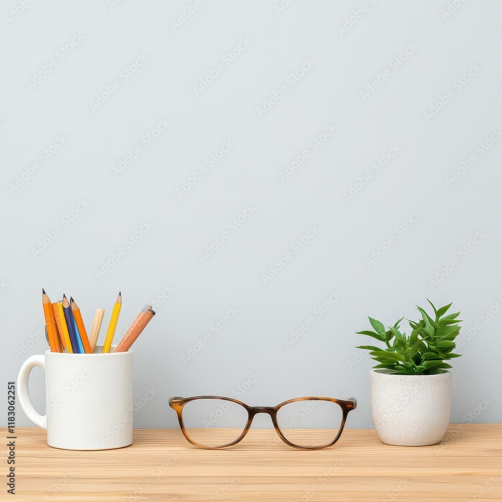 Poster a cozy workspace featuring a colorful cup filled with pencils and stylish glasses resting on a rusti