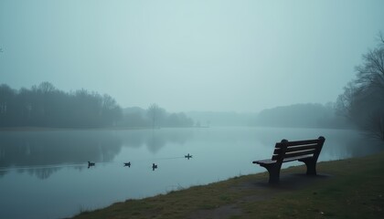 Fototapeta premium A tranquil lakeside scene with a bench and ducks in the fog.