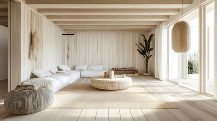 Serene Minimalist Living Room Design:  A haven of calm, featuring natural wood, neutral tones, and soft textures, creating a tranquil and inviting atmosphere.