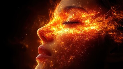 A face illuminated by fiery, glowing patterns.
