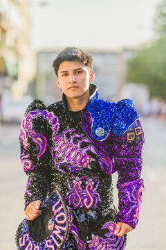 Young Caporales dancer wearing scorpion costume during hispanic day parade. Dia de la hispanidad