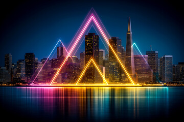 Obraz premium A city skyline is lit up in neon colors. The city is on a lake and the lights are reflected in the water. The city is a vibrant and lively place, with the neon lights adding to the energy