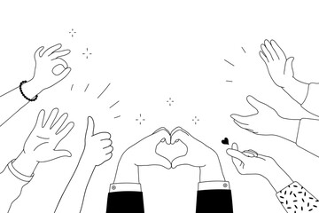 Applause hands set on doodle style. Human hands sketch, scribble arms wave clapping on white background, thumb up gesture silhouette, vector illustration