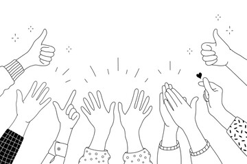 Applause hands set in doodle style. Human hands sketch, scribble arms raised clapping on a white background, featuring various hand positions and a thumb-up gesture silhouette, vector illustration.
