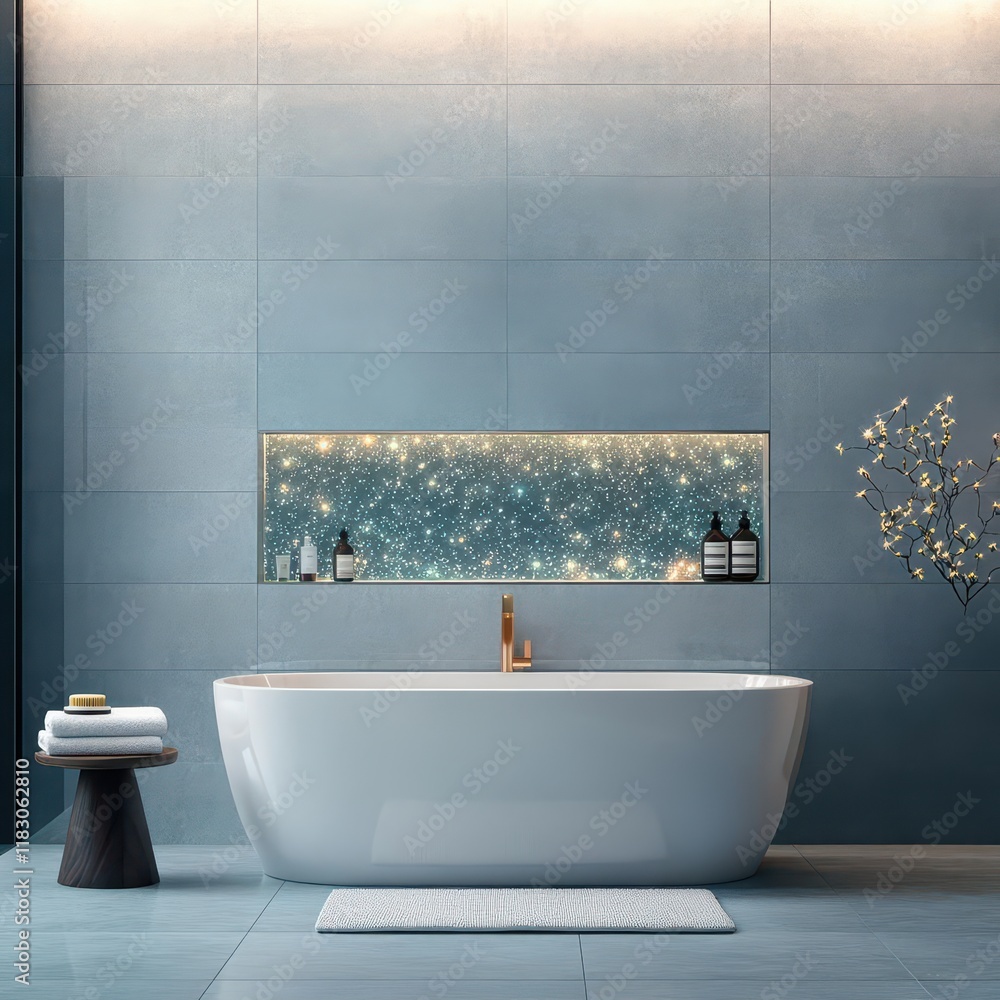 Aufkleber elegant bathroom design featuring spacious bathtub and expansive mirror reflecting soft ambient ligh