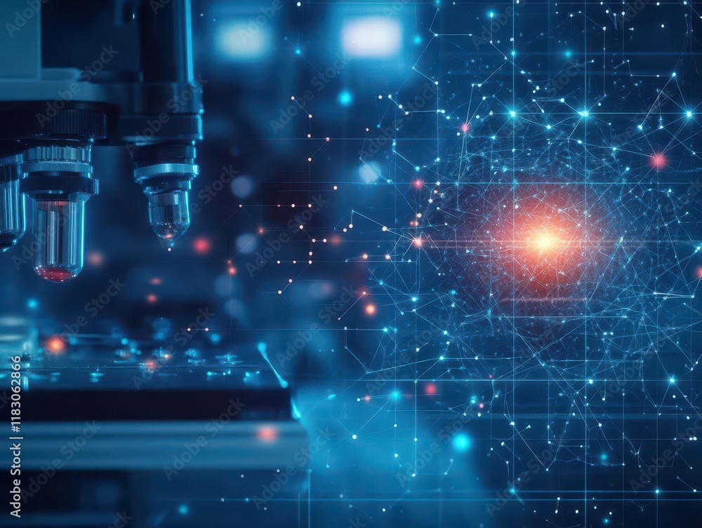 Poster intricate laboratory microscope illuminated by intense red light highlighting scientific exploration