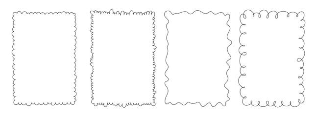 Scallop frame set. Different wavy shapes with squiggly edge border. Zig zag stamps or wiggle stickers for photo, badge, tag design. Curvy labels isolated on white background, editable stroke.
