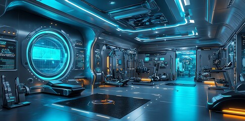 Futuristic Gym: Cyberpunk Fitness Center with Neon Lighting