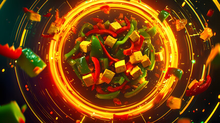 Vibrant tofu and bell pepper stir-fry explodes in a fiery, circular motion.  Dynamic lighting and swirling energy create a visually stunning food image.