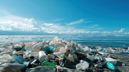 A beach polluted with plastic waste, showcasing a stark contrast between vibrant water and the debris littering the shoreline under a blue sky.
