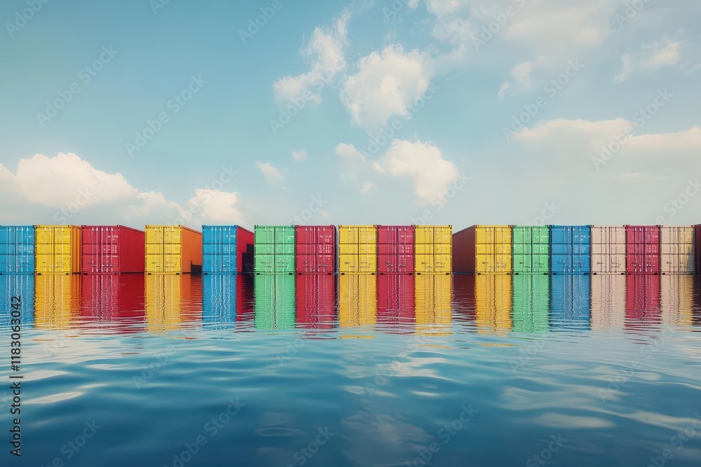 Poster Vibrant Row of Colorful Shipping Containers Floating Calmly on Tranquil Water Under Clear Blue Sky Creating a Lively and Dynamic Marine Scene