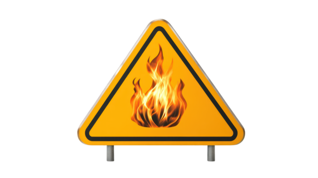 Yellow triangular warning sign with flame symbol, fire hazard alert 