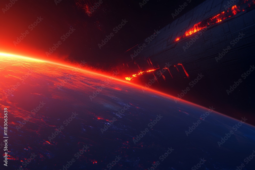 Poster stunning view of a fiery planetary landscape with a futuristic structure against a deep space backdr