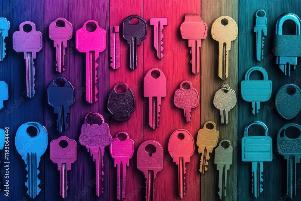 Poster Password security illustrated as cascading locks and keys in a spectrum of radiant hues