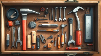 Top view of a wooden toolbox filled with various hand tools.