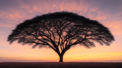 Silhouette of a Majestic Umbrella Acacia at Sunset