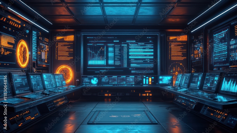 Poster futuristic control room with multiple screens displaying data.