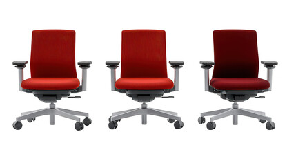 Obraz premium Three vibrant red office chairs with sleek legs, a modern seating solution