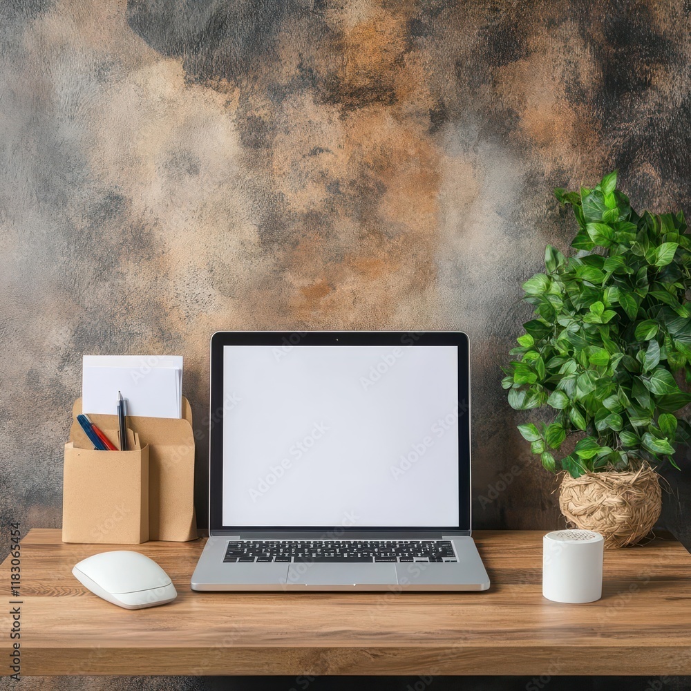 Aufkleber modern workspace featuring a laptop on a rustic wooden desk accompanied by a lively plant and a warm