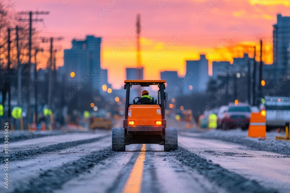 Aufkleber dedicated construction worker operating heavy machinery on road project in urban environment focused
