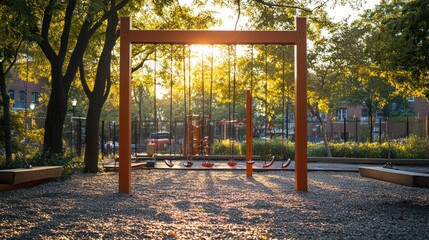 Sunset illuminating empty swings in a park playground.