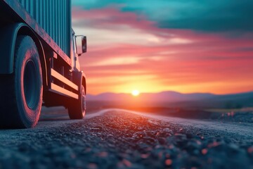 Road construction vehicles at dusk, dramatic shadows and golden hour lighting creating a powerful silhouette effect
