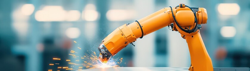 Robot arm welding steel in an automotive factory, focused action, clean space for overlays
