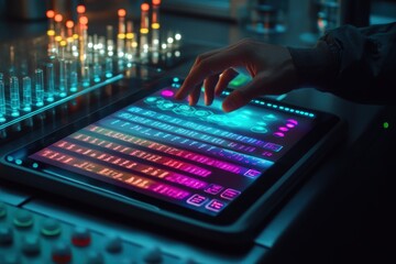 Neon-lit futuristic tablet display shows data streams. Ideal for tech, science fiction, or data analysis projects.