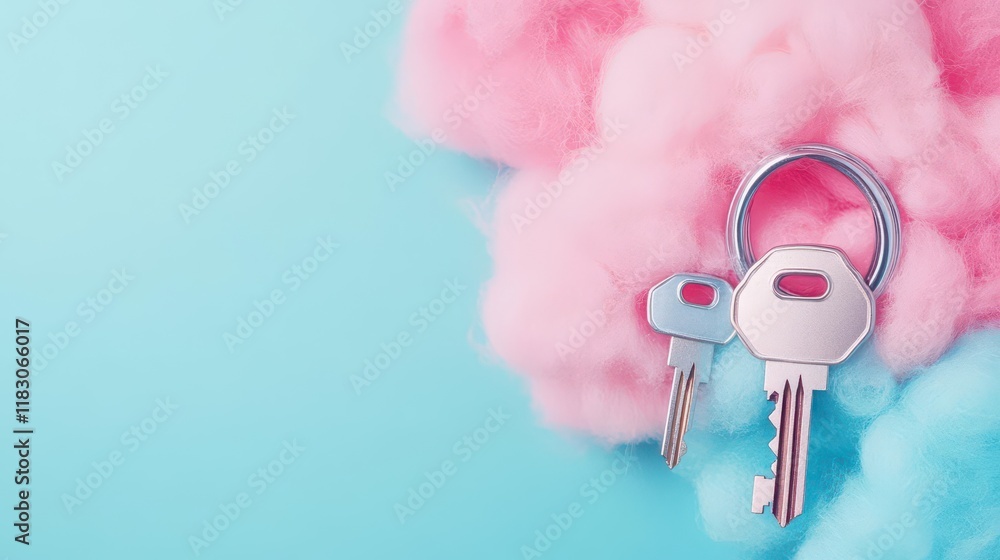Poster Secure cloud infrastructure, fluffy layers with embedded locks and keys painted in soft pastel tones