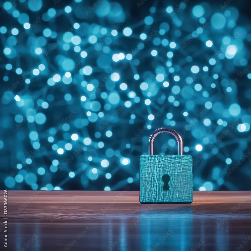 Poster closeup view of an old vintage lock on a wooden table against a soft blue background evoking nostalg