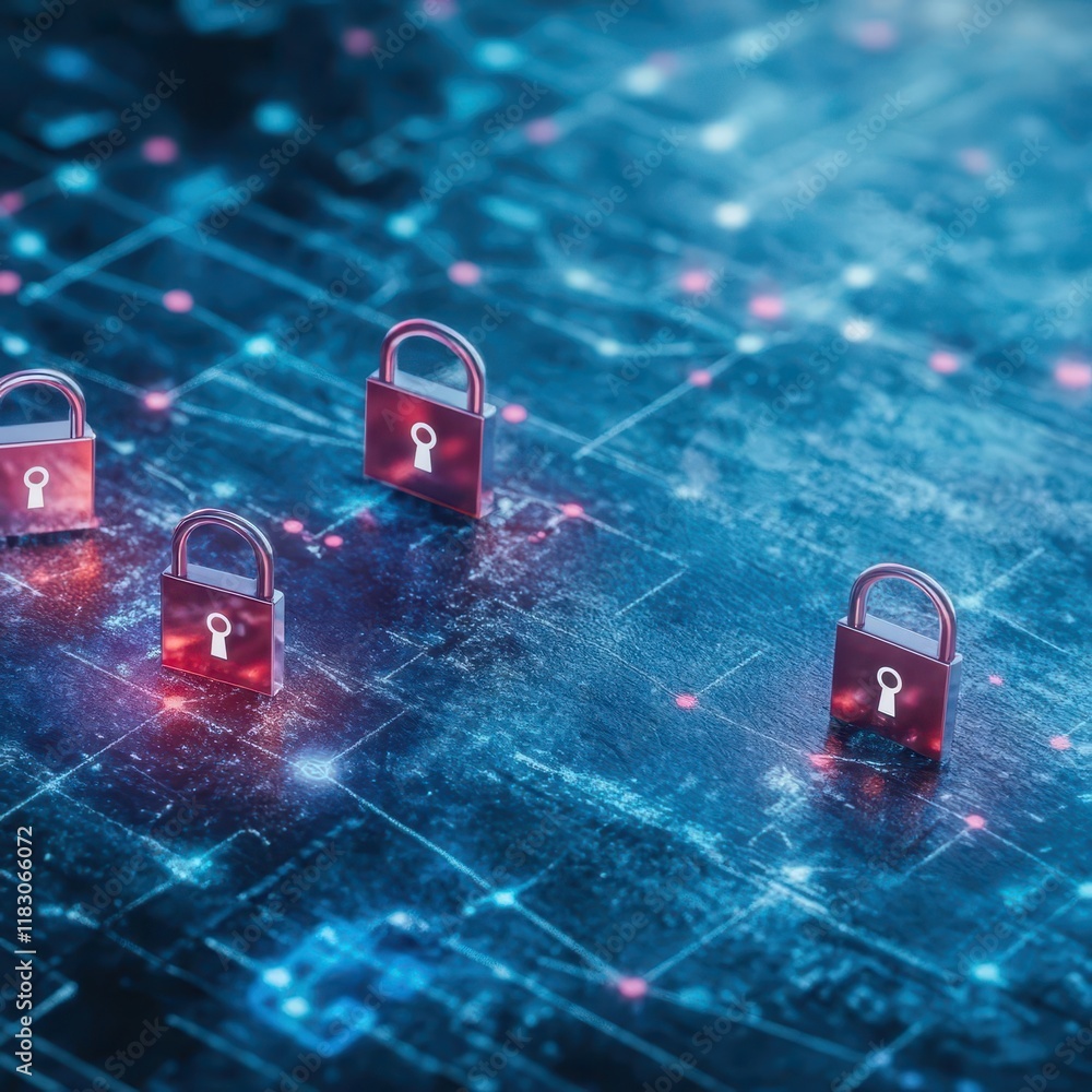 Poster Intricate Arrangement of Colorful Padlocks on a Textured Circuit Board Evoking Themes of Security Connectivity and Modern Technology in Urban Life