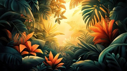 Lush tropical jungle scene with vibrant flowers and sunlight. (1)