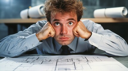 Architect thoughtfully reviewing blueprints with plans in background