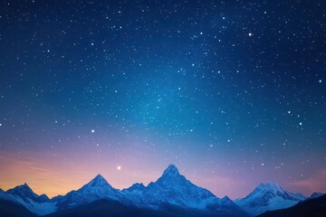 Serene starry night sky stretching over majestic peaks, panoramic view, soft luminescence creates a peaceful vibe