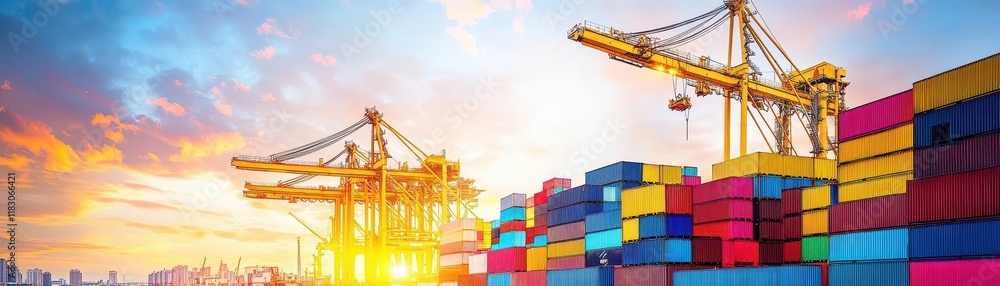 Poster a towering crane overseeing colorful shipping containers stacked neatly at a bustling port under a b
