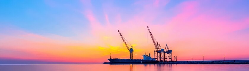 Fototapeta premium Shipyard at sunset with cranes and containers, side composition, blank area for text