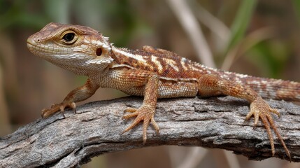 Fototapeta premium Close-up of a vibrant brown lizard on wood. Perfect for nature, reptile, or wildlife projects needing a detailed image.