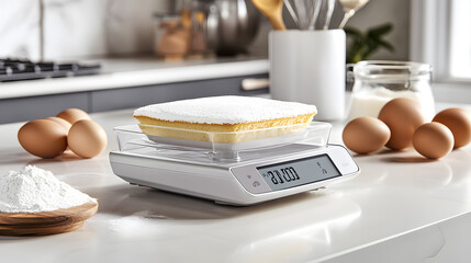 A modern kitchen scale accurately weighs a delicious-looking cake, surrounded by baking essentials like eggs and flour. The scene exudes cleanliness and precision.