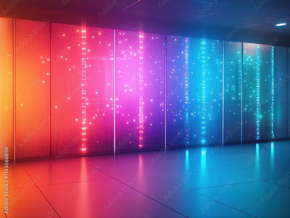 Poster Vibrant Server Room Illuminated by Colorful Lights Creating a Dynamic and High-Tech Atmosphere for Data Processing and Technological Innovation
