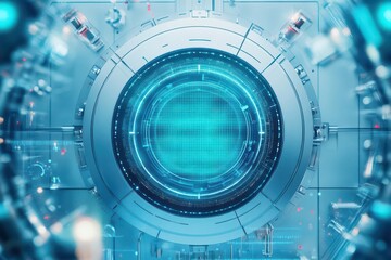 Obraz premium Sleek metallic reflections shimmer, in a high-tech lab, cool blue lighting, top-down view