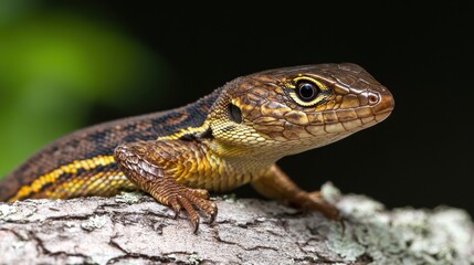 Naklejka premium Close-up of a vibrant brown lizard with yellow stripes, perched on a tree branch. Ideal for reptile documentaries, nature websites, or showcasing exotic wildlife.