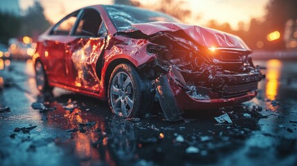 Fototapeta premium A severely damaged red car after an accident on a wet road during sunset.