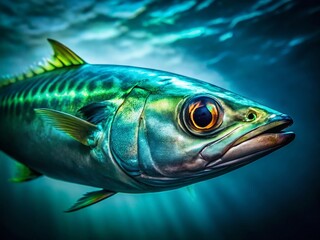 Naklejka premium Low Light Mackerel: Glistening Scales in Deep Ocean Shadows