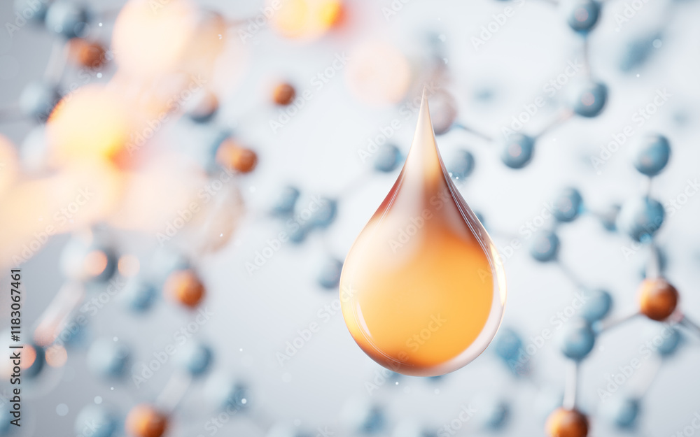 Poster liquid drop with transparent molecules background, 3d rendering.