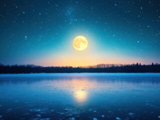 Starlit night casting icy reflections on a quiet pond, soft moonlight, ground perspective, dreamy atmosphere