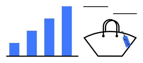 Blue bar chart with four ascending bars next to a simplistic shopping bag with a price tag. Ideal for retail success, sales growth, economic trends, business strategy, market analysis, consumer