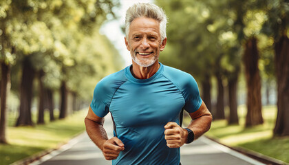Elderly man jogging in a lush park wearing a blue athletic shirt and smiling under bright daylight